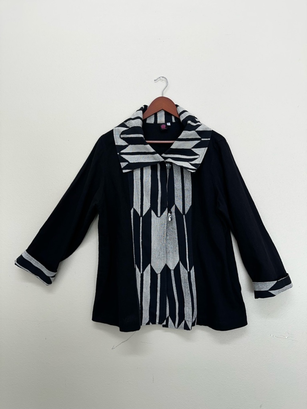 Cupcake International Cotton Boho Black Blazer Jacket w/ Gray Geometric Accent